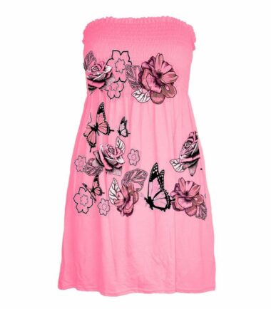 New-Womens-Butterfly-Floral-Print-Bandeau-Boobtube-Sheering-Flare-Mini-Dress-Top New Womens Butterfly Floral Print Bandeau Boobtube Sheering Flare Mini Dress Top
