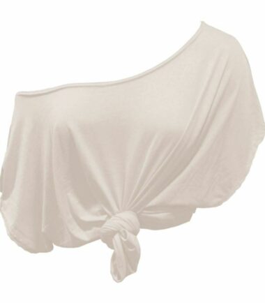 New Womens Plain Off Shoulder Tie Knot Front Short Sleeve Baggy Crop T-Shirt Top