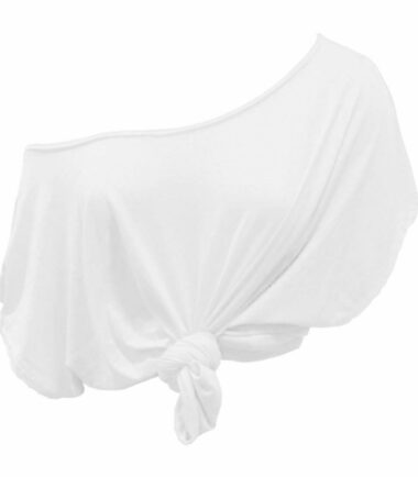 New Womens Plain Off Shoulder Tie Knot Front Short Sleeve Baggy Crop T-Shirt Top