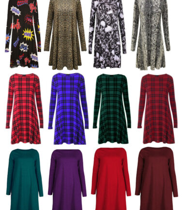 GIRLS SWING DRESS LONG SLEEVE SKATER TOP KIDS PLAIN PRINTED 3-13 YEARS CHRISTMAS