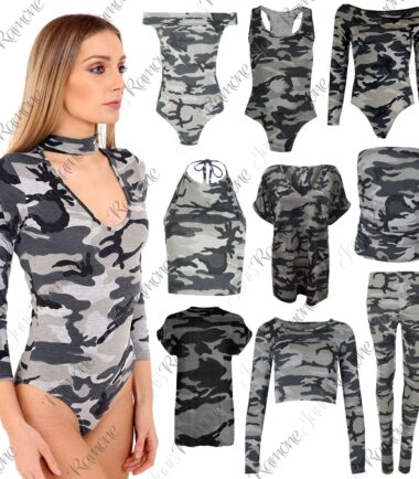 New Womens Army Grey Printed Halter Neck Crop Top Boobtube Baggy T-Shirt Legging