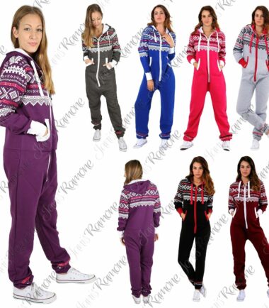 New Womens Aztec Print Hooded Fleece All In One Jumpsuit Zip Up Playsuit