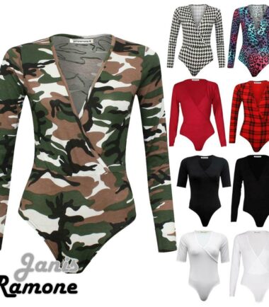 New Womens Long Sleeve Print Wrap Over Bodysuit V Neck Ladies Leotard Plunge Top