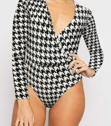 New Womens Long Sleeve Print Wrap Over Bodysuit V Neck Ladies Leotard Plunge Top