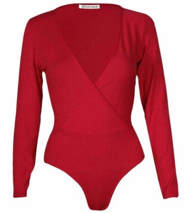 New Womens Long Sleeve Print Wrap Over Bodysuit V Neck Ladies Leotard Plunge Top