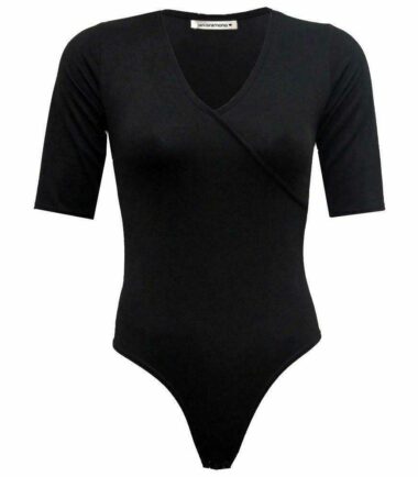 New Womens Long Sleeve Print Wrap Over Bodysuit V Neck Ladies Leotard Plunge Top