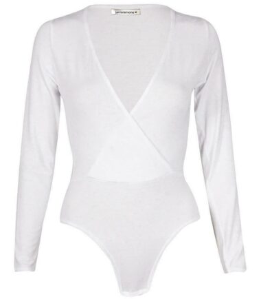 New Womens Long Sleeve Print Wrap Over Bodysuit V Neck Ladies Leotard Plunge Top