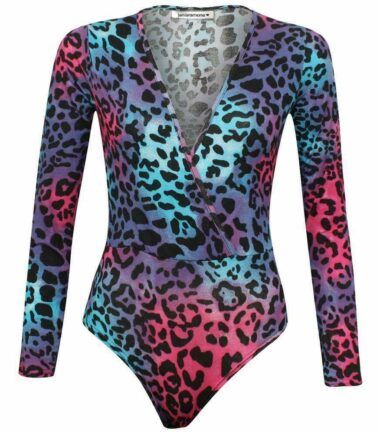 New Womens Long Sleeve Print Wrap Over Bodysuit V Neck Ladies Leotard Plunge Top
