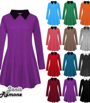 New Ladies Peter Pan Swing Dress With Collar Long Sleeve Womens Print Flared Top