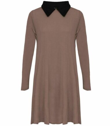 New Ladies Peter Pan Swing Dress With Collar Long Sleeve Womens Print Flared Top