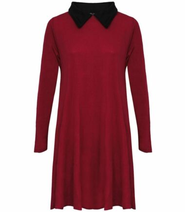 New Ladies Peter Pan Swing Dress With Collar Long Sleeve Womens Print Flared Top