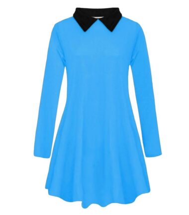 New Ladies Peter Pan Swing Dress With Collar Long Sleeve Womens Print Flared Top