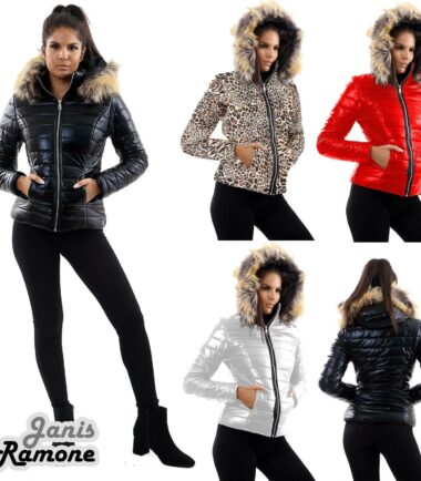 Womens Shiny Wetlook Puffer Quilted Padded Fur Hooded Zip Up Winter Jacket Coat