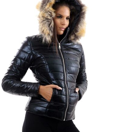 Womens Shiny Wetlook Puffer Quilted Padded Fur Hooded Zip Up Winter Jacket Coat