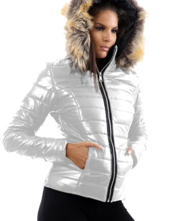 Womens Shiny Wetlook Puffer Quilted Padded Fur Hooded Zip Up Winter Jacket Coat