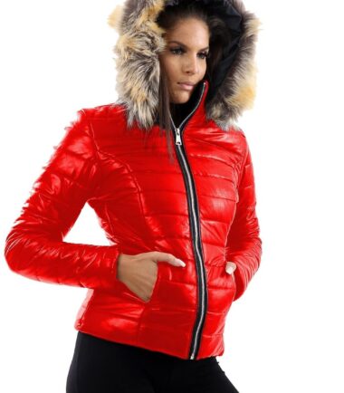 Womens Shiny Wetlook Puffer Quilted Padded Fur Hooded Zip Up Winter Jacket Coat
