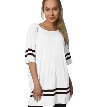 New Womens Short Sleeve Stripe Print Baseball Sports Baggy Oversized T-Shirt Top