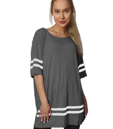 New Womens Short Sleeve Stripe Print Baseball Sports Baggy Oversized T-Shirt Top