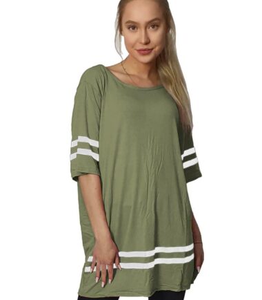 New Womens Short Sleeve Stripe Print Baseball Sports Baggy Oversized T-Shirt Top