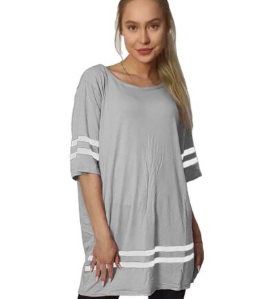 New Womens Short Sleeve Stripe Print Baseball Sports Baggy Oversized T-Shirt Top