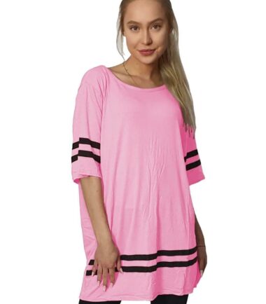 New Womens Short Sleeve Stripe Print Baseball Sports Baggy Oversized T-Shirt Top