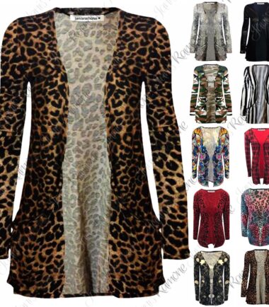 New Womens Ladies Printed Open Front Pocket Boyfriend Cardigan Long Sleeve Tops