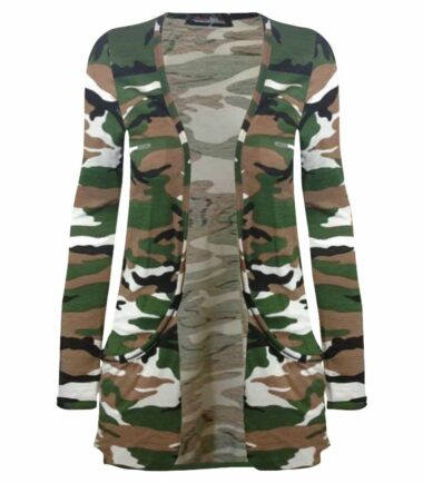 New Womens Ladies Printed Open Front Pocket Boyfriend Cardigan Long Sleeve Tops