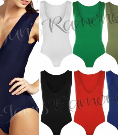New Womens Ladies Deep V Neck Plain Bodysuit Sleeveless Stretch Leotard Vest Top