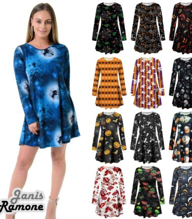 New Womens Witch Skull Bat Pumpkin Halloween Print Flare Mini Skater Swing Dress