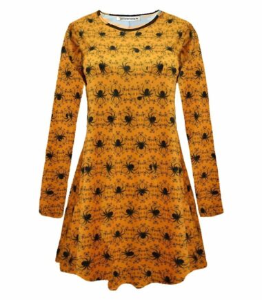 New Womens Witch Skull Bat Pumpkin Halloween Print Flare Mini Skater Swing Dress