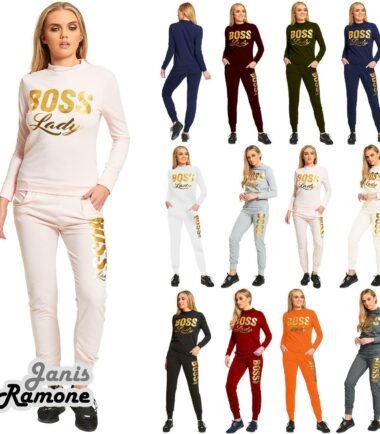 Womens Gold Foil Boss Lady Printed Fleece Sweatshirt Top Bottoms Set Tracksuit