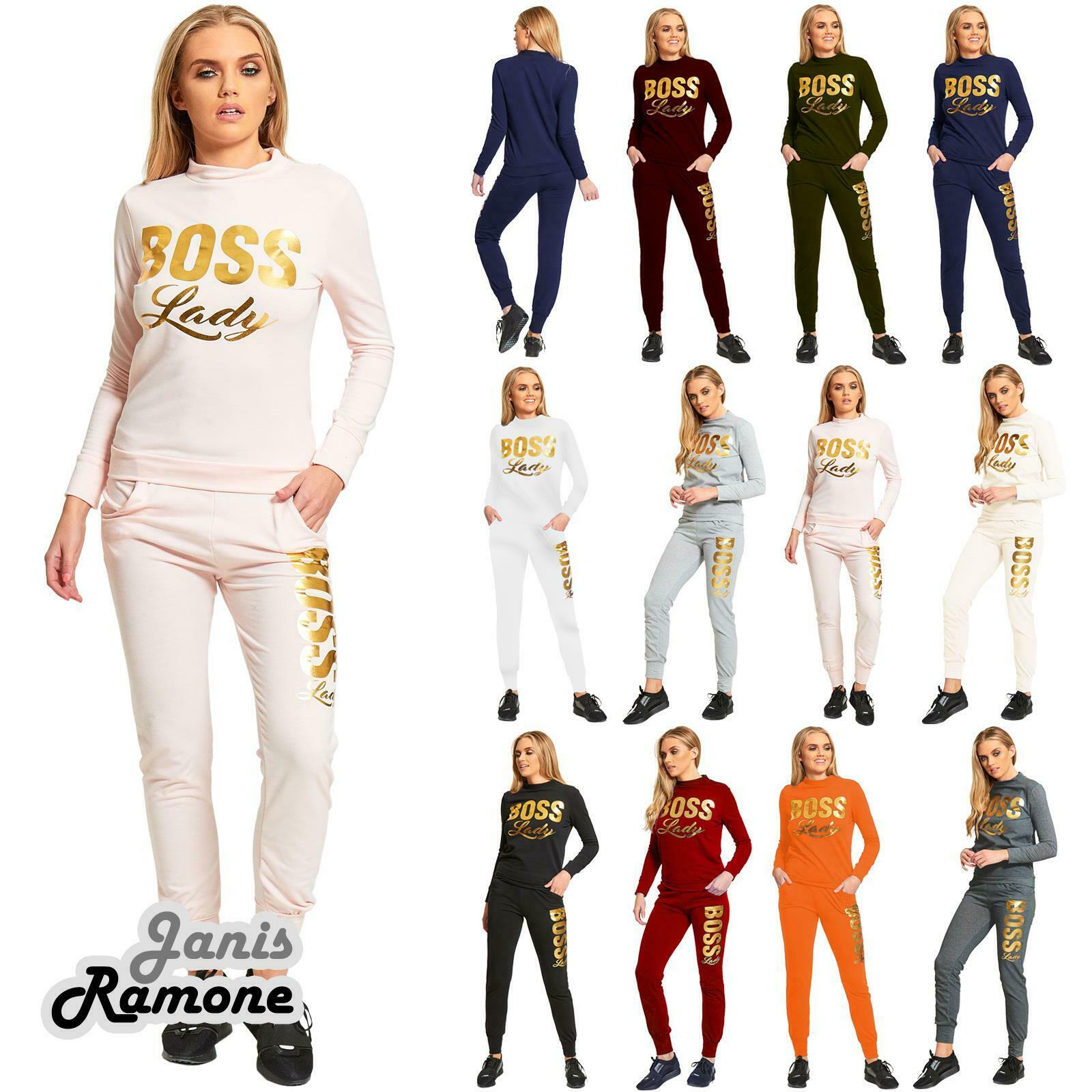 Womens-Gold-Foil-Boss-Lady-Printed-Fleece-Sweatshirt-Top-Bottoms-Set-Tracksuit Womens Gold Foil Boss Lady Printed Fleece Sweatshirt Top Bottoms Set Tracksuit