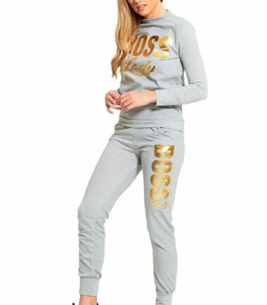 Womens Gold Foil Boss Lady Printed Fleece Sweatshirt Top Bottoms Set Tracksuit