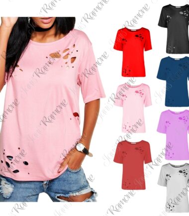 New Womens Distressed Ripped Holes Plain Cap Sleeve Loose Fit Basic T-Shirt Top