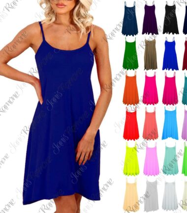 New Womens Plain Camisole Strappy Flared Cami Swing Mini Dress Summer Vest Top