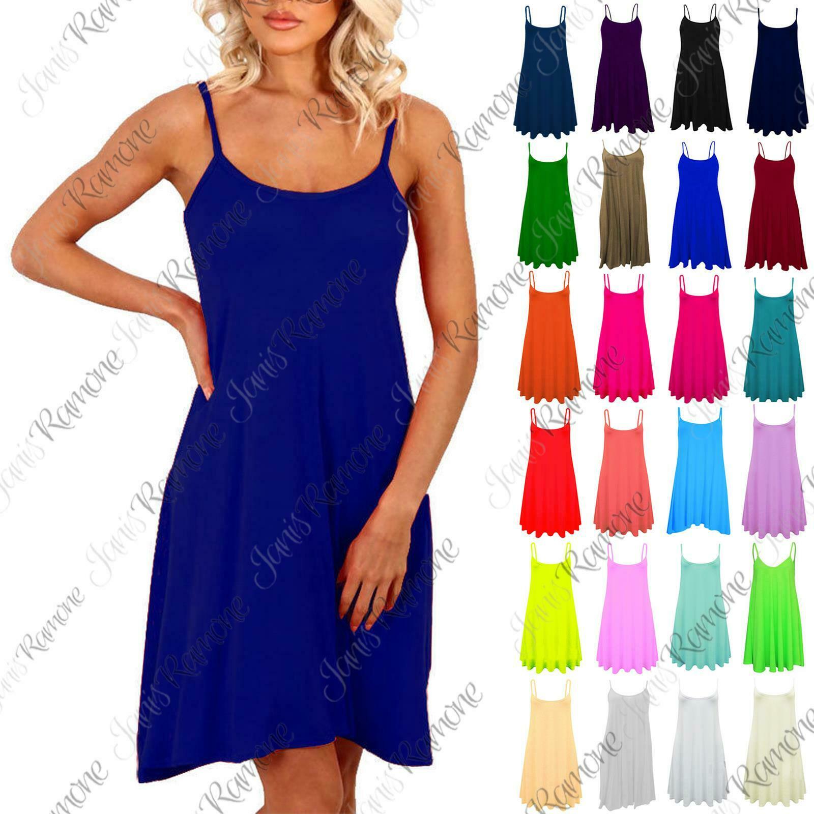 New-Womens-Plain-Camisole-Strappy-Flared-Cami-Swing-Mini-Dress-Summer-Vest-Top New Womens Plain Camisole Strappy Flared Cami Swing Mini Dress Summer Vest Top