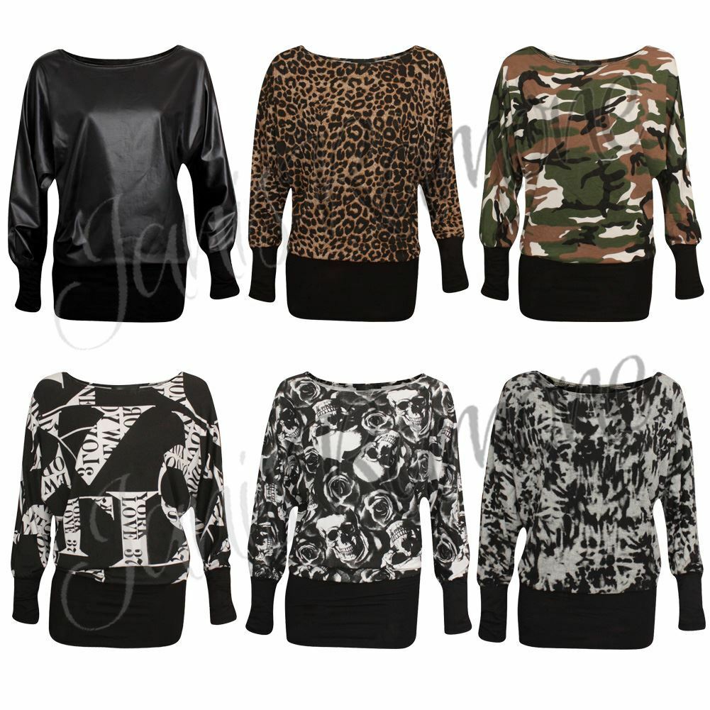 New-Womens-Printed-Long-Sleeve-Baggy-Batwing-T-Shirt-Top-Ladies-Party-Dress-Top New Womens Printed Long Sleeve Baggy Batwing T Shirt Top Ladies Party Dress Top