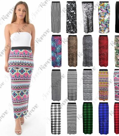 New Womens Printed Long Jersey Bodycon Elasticated Waist Summer Gypsy Maxi Skirt