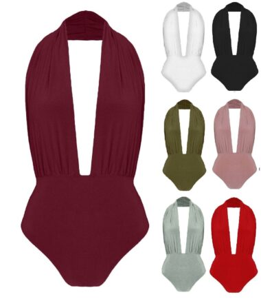 Womens-Plain-Halter-Neck-Backless-Slinky-Leotard-Sleeveless-Bodysuit-Plunge-Top Womens Plain Halter Neck Backless Slinky Leotard Sleeveless Bodysuit Plunge Top