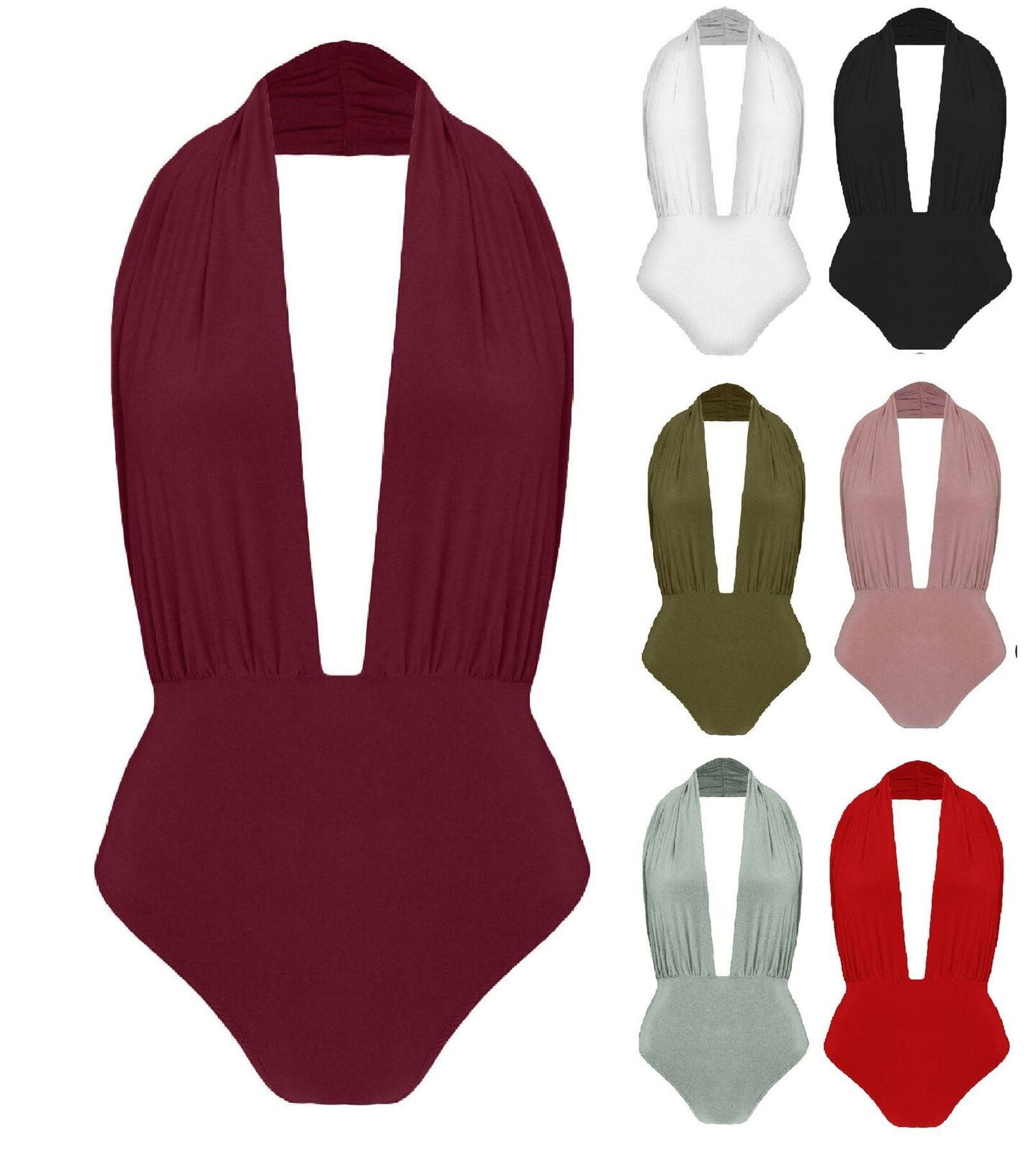Womens-Plain-Halter-Neck-Backless-Slinky-Leotard-Sleeveless-Bodysuit-Plunge-Top Womens Plain Halter Neck Backless Slinky Leotard Sleeveless Bodysuit Plunge Top