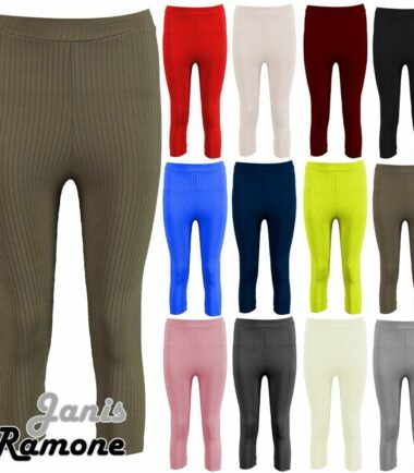 Womens Ladies Ribbed 3/4 Leggings Stretchy Skinny Gym Yoga Capri Cropped Pants
