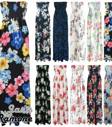Womens Ladies Floral Printed Boobtube Bandeau Strapless Long Sheering Maxi Dress