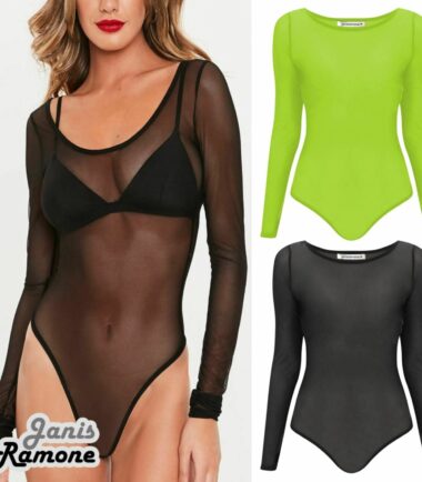 Womens Sheer Mesh See Through Long Sleeve Leotard Bodysuit Summer T-Shirt Top