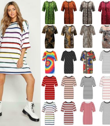 Womens Short Sleeve Stripe Baggy Longline Boyfriend T-Shirt Shift PJ Tunic Dress