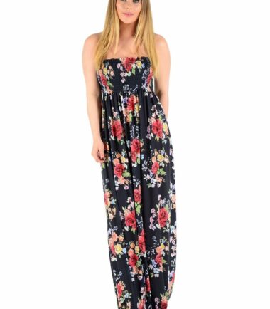 New-Womens-Tropical-Leaf-Floral-Print-Sheering-Boobtube-Bandeau-Long-Maxi-Dress New Womens Tropical Leaf Floral Print Sheering Boobtube Bandeau Long Maxi Dress
