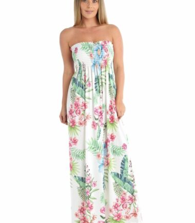 New-Womens-Tropical-Leaf-Floral-Print-Sheering-Boobtube-Bandeau-Long-Maxi-Dress New Womens Tropical Leaf Floral Print Sheering Boobtube Bandeau Long Maxi Dress