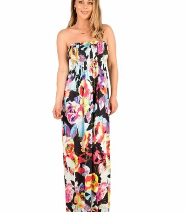 New-Womens-Tropical-Leaf-Floral-Print-Sheering-Boobtube-Bandeau-Long-Maxi-Dress New Womens Tropical Leaf Floral Print Sheering Boobtube Bandeau Long Maxi Dress