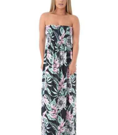 New-Womens-Tropical-Leaf-Floral-Print-Sheering-Boobtube-Bandeau-Long-Maxi-Dress New Womens Tropical Leaf Floral Print Sheering Boobtube Bandeau Long Maxi Dress