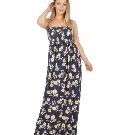New-Womens-Tropical-Leaf-Floral-Print-Sheering-Boobtube-Bandeau-Long-Maxi-Dress New Womens Tropical Leaf Floral Print Sheering Boobtube Bandeau Long Maxi Dress