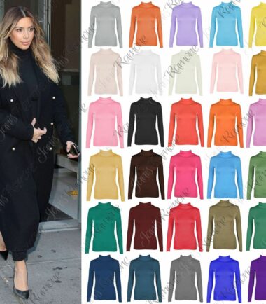 New Womens Plain Turtle Polo Neck Long Sleeve Basic Stretchy Jumper T-Shirt Top